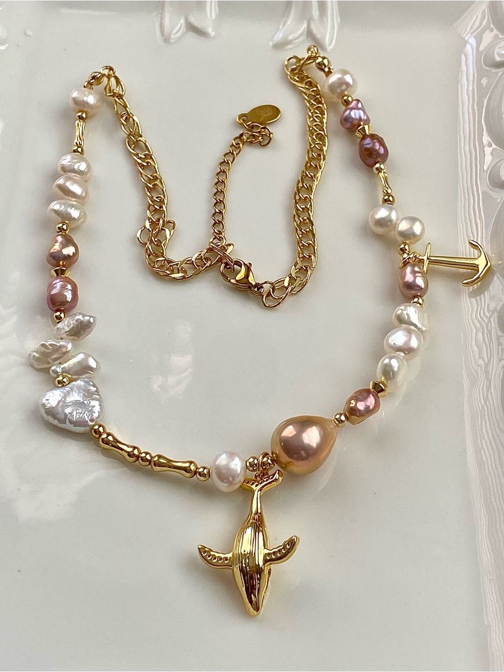 N303-Handmade Freshwater Pearl Dolphine And Anchor Pearl Necklace